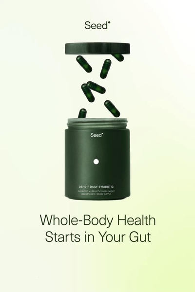 This creative features a minimalist, floating product shot of a probiotic supplement jar against a soft green gradient background.